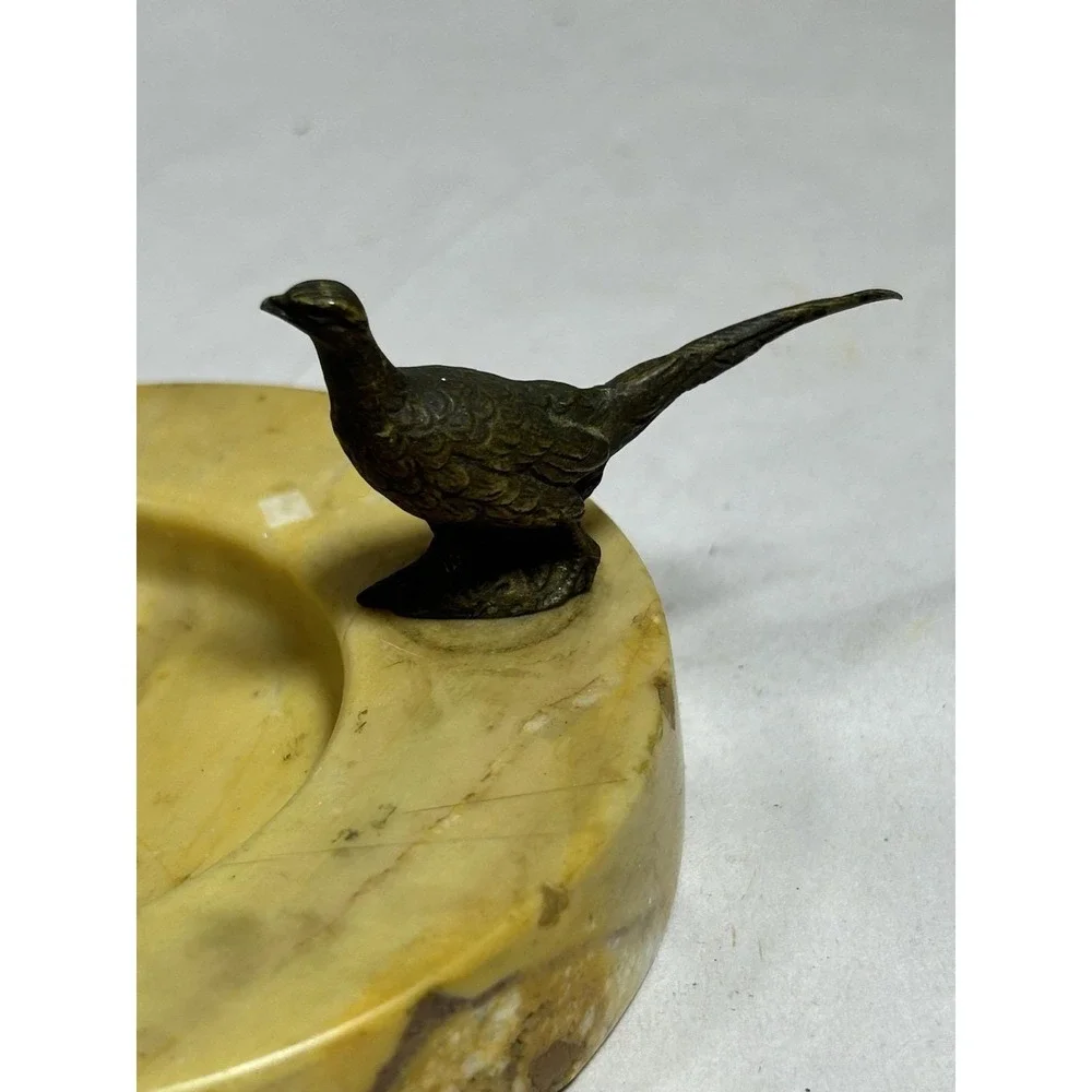 Vintage Art Deco Brass Pheasant Marble Figural Ashtray Trinket Dish Lodge Cabin